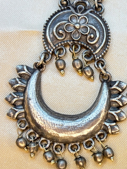 Women Silver-Plated Oxidized Crescent-Shaped Chandbali Drop Earrings