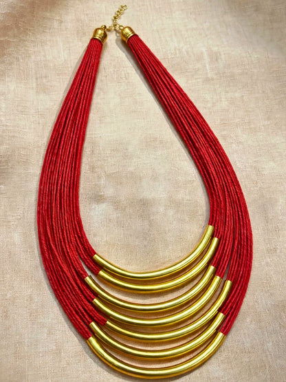 Gold-Plated Oxidised Statement Red Thread Layered Jute Necklace
