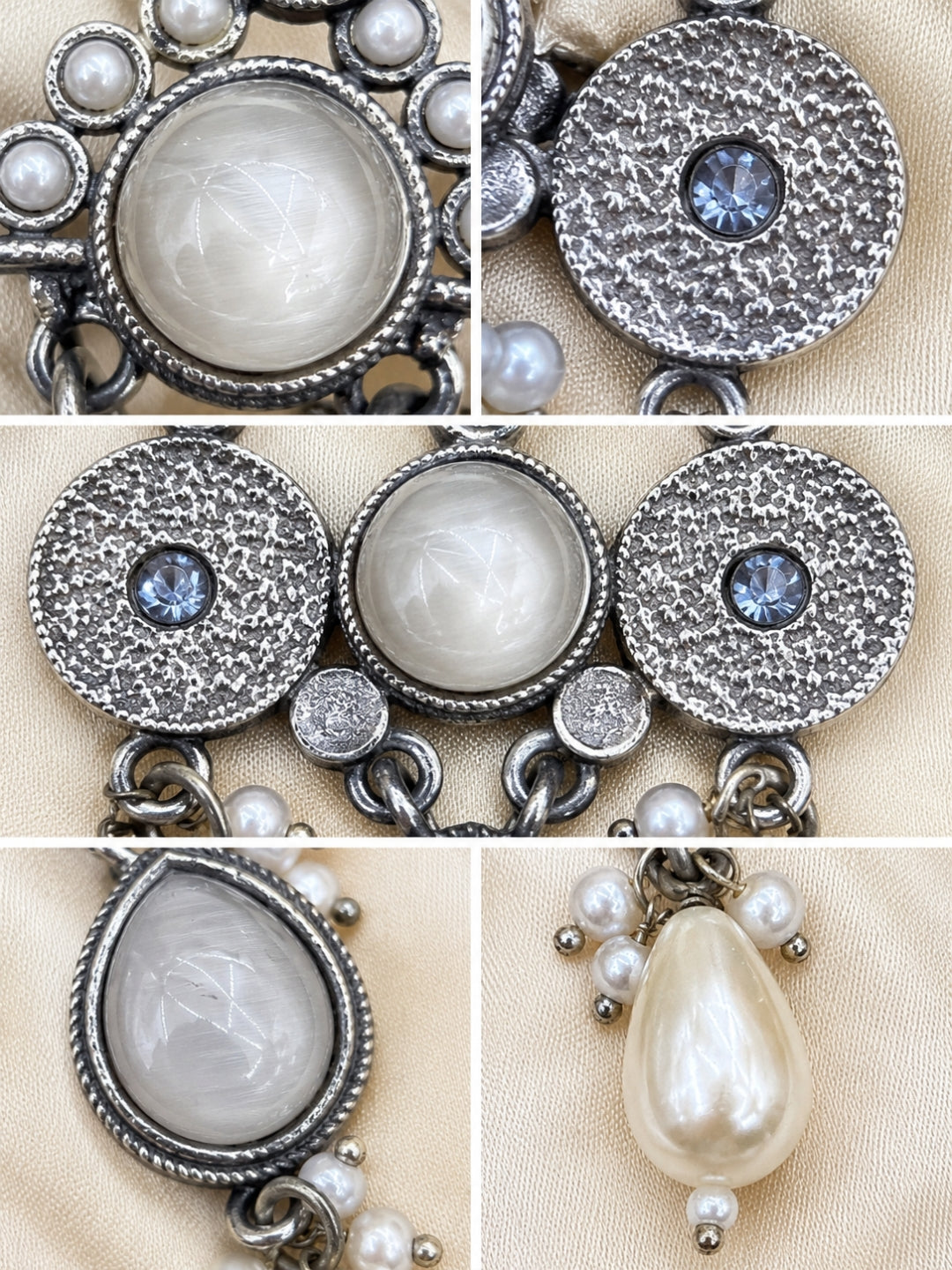 White Stone & Pearl Embellished Oxidised Statement Chandbali Earrings