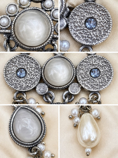 White Stone & Pearl Embellished Oxidised Statement Chandbali Earrings