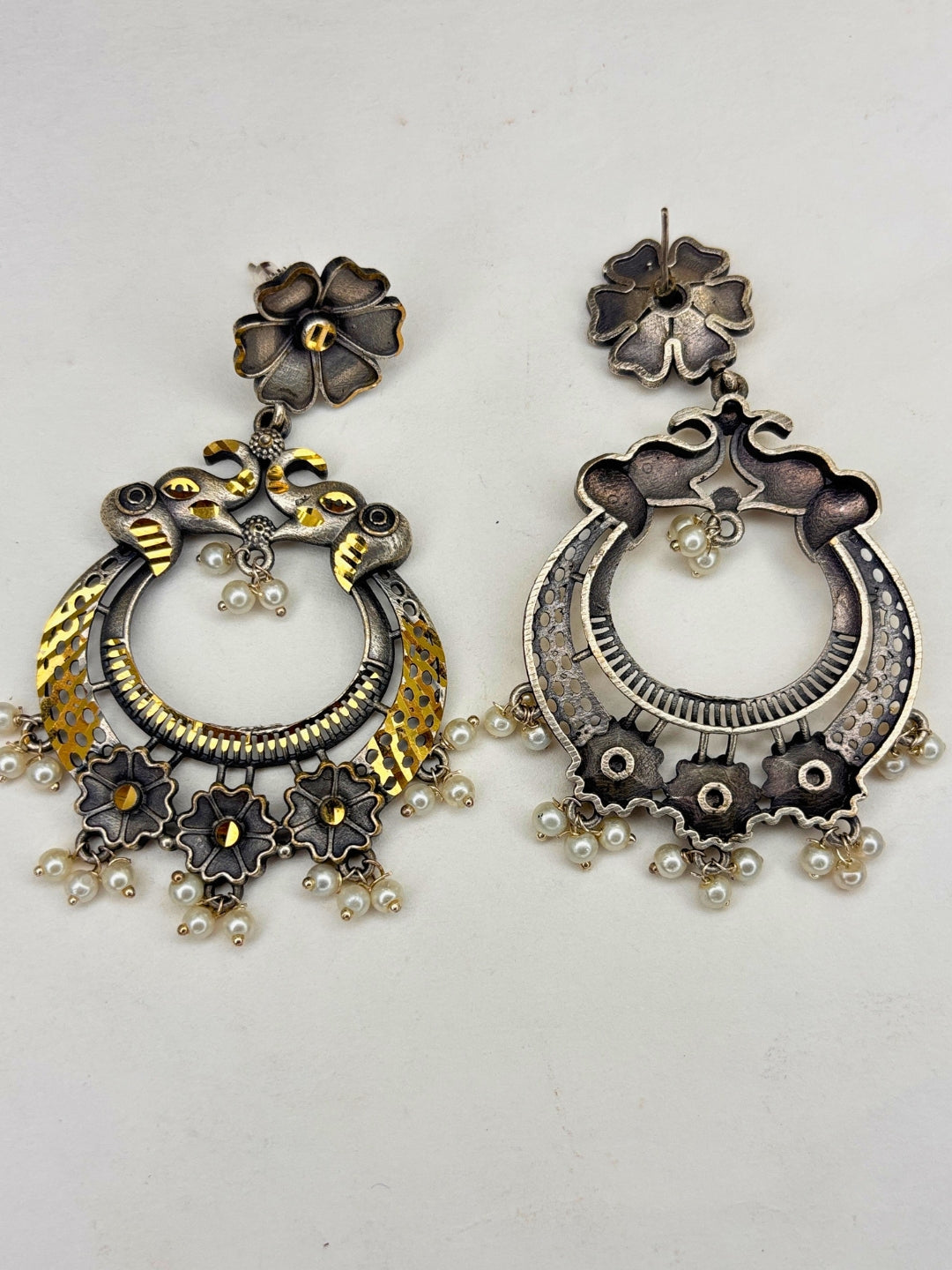 Oxidised Silver-Plated Floral & Pearl Embellished Peacock Statement Drop Earrings