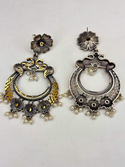Oxidised Silver-Plated Floral & Pearl Embellished Peacock Statement Drop Earrings