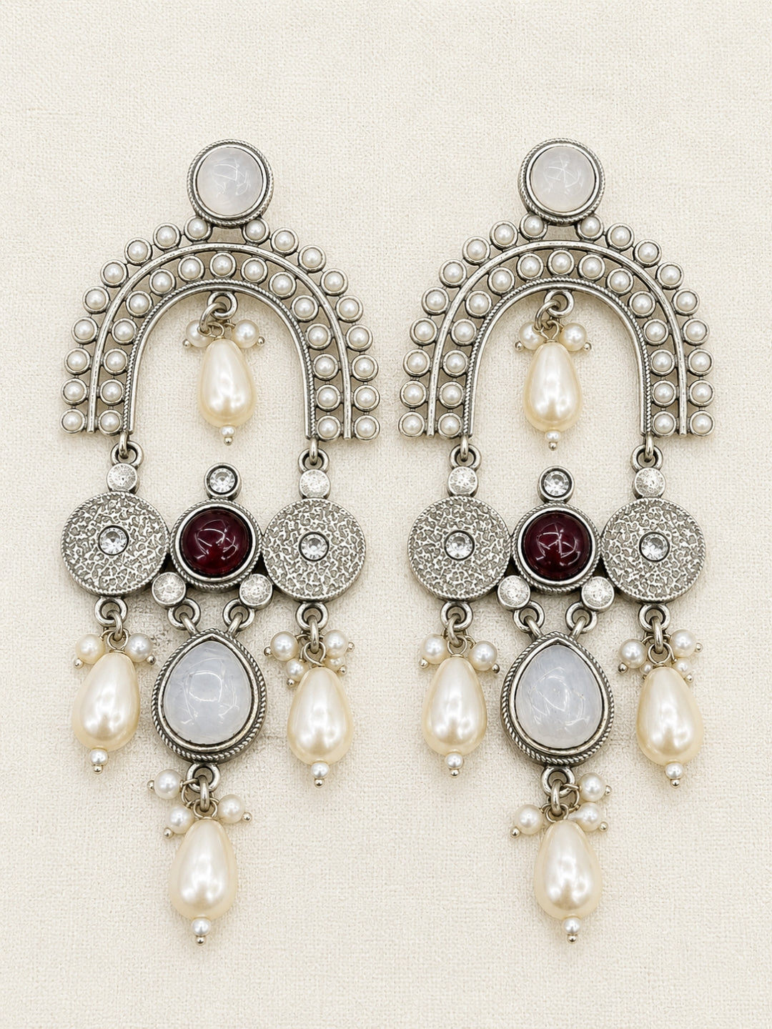 Maroon & White Stone Pearl Embellished Oxidised Chandbali Statement Earrings
