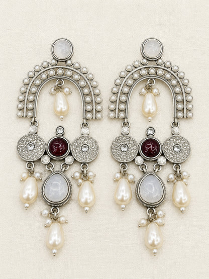 Maroon & White Stone Pearl Embellished Oxidised Chandbali Statement Earrings