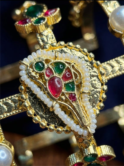 Women Gold-Plated Kundan & Pearl Embellished Adjustable Bangle Bracelet