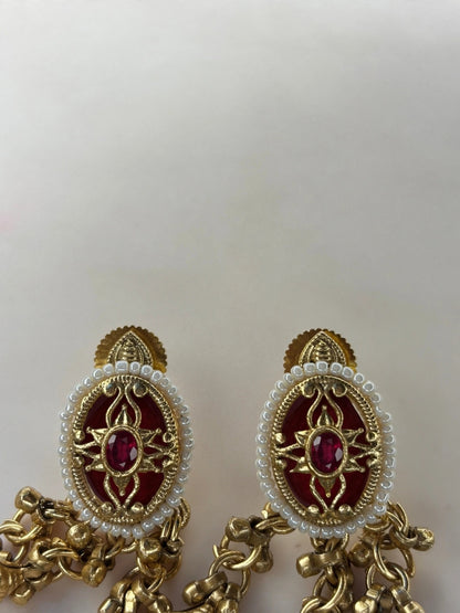 Gold-Plated Red Kundan Stone Contemporary Stud Earrings