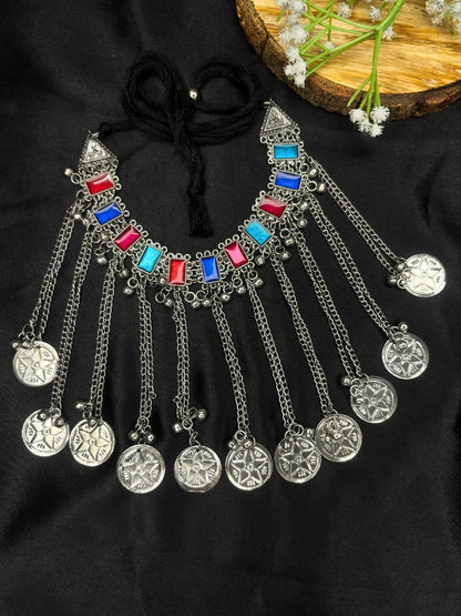 Oxidised Silver-Plated Multicolour Stone Embellished Statement Choker Necklace Jewellery Set (Copy)