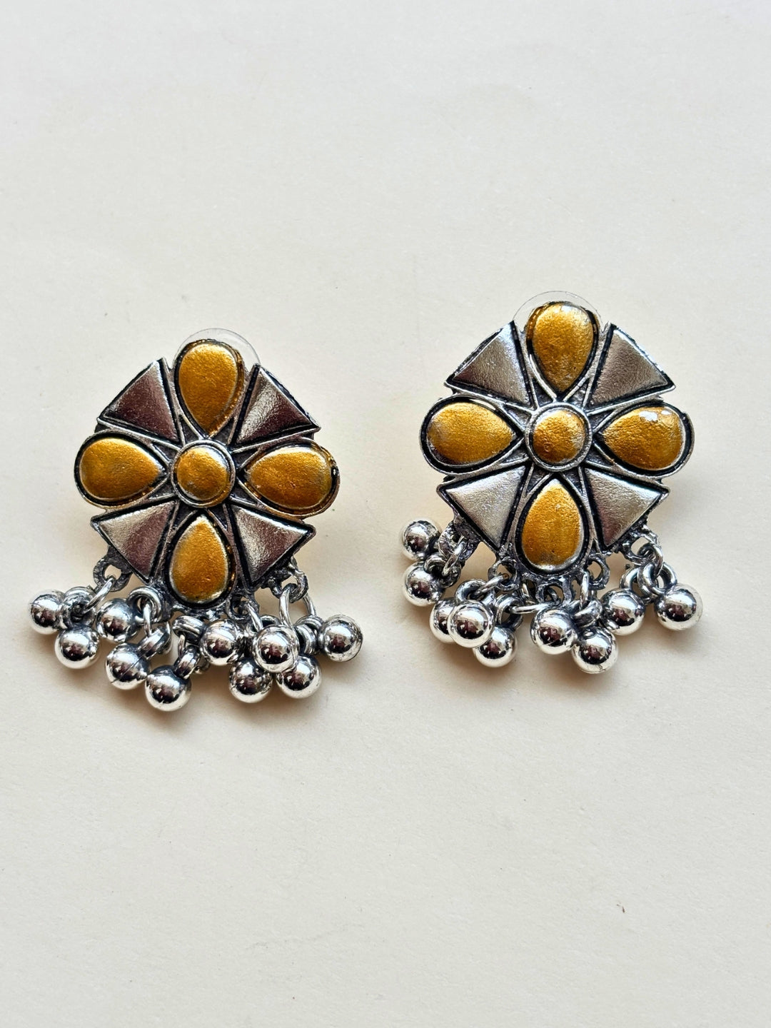 Women Oxidised Silver-Plated Mustard Yellow Floral Earrings & Statement Ring Set