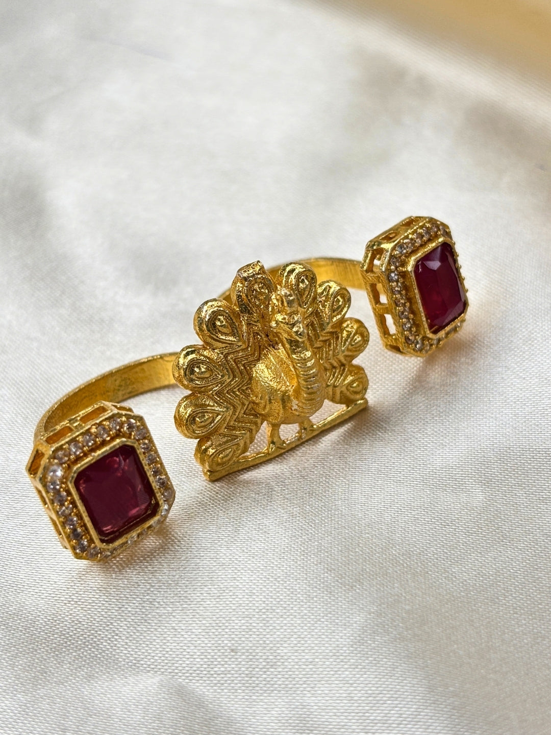 Gold-Plated Green AD stones Studded & Peacock shaped Adjustable Statement Finger Ring