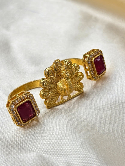 Gold-Plated Green AD stones Studded & Peacock shaped Adjustable Statement Finger Ring