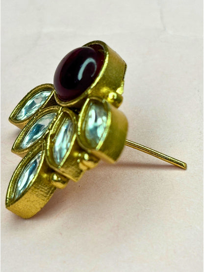 Gold-Plated Red Stone & White Crystal Leaf Design Stud Earrings