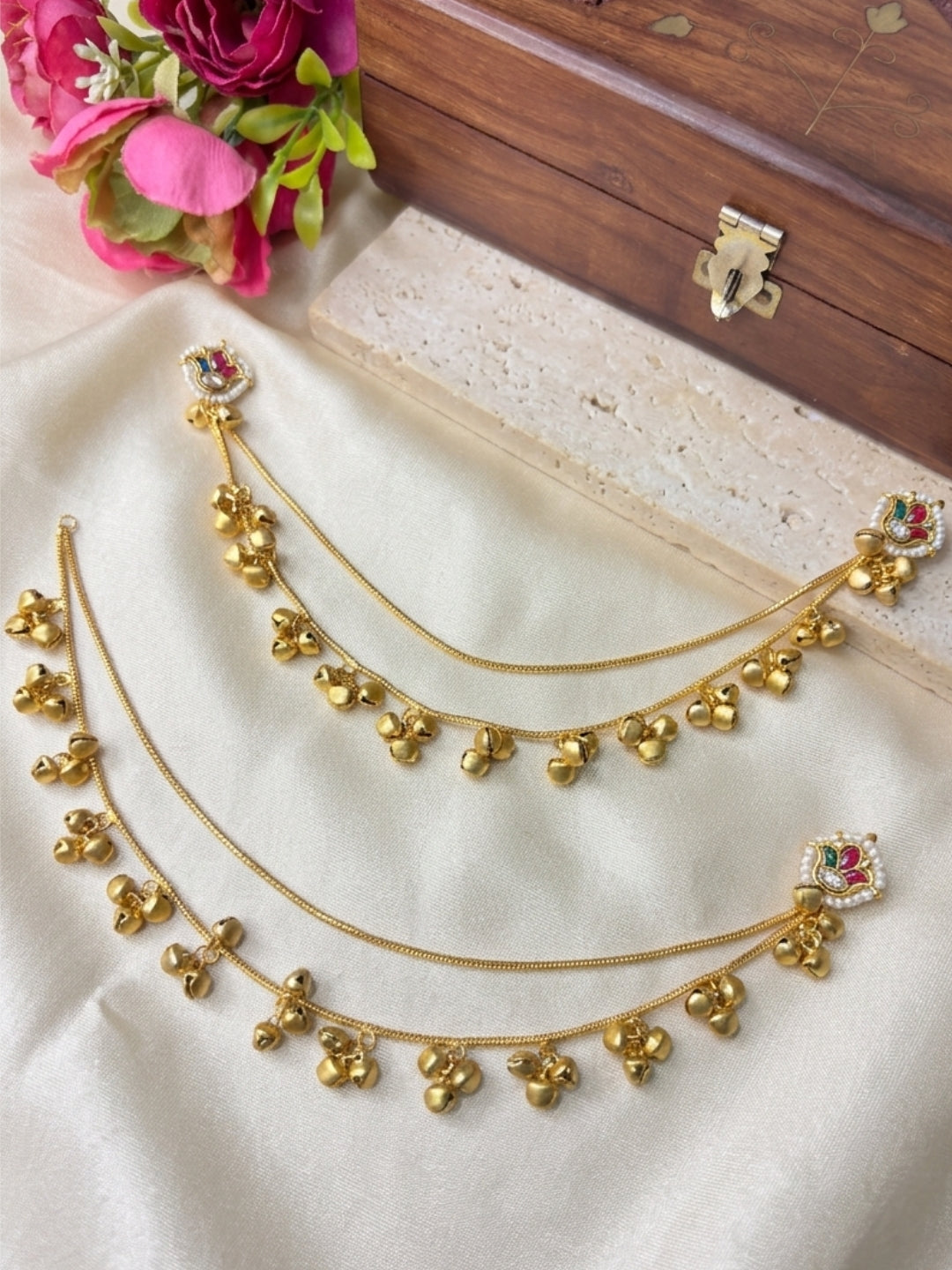 Set Of 2 Gold-Plated Peacock Shaped Kundan & Ghungaroo Studded Kashmiri Drop Earrings