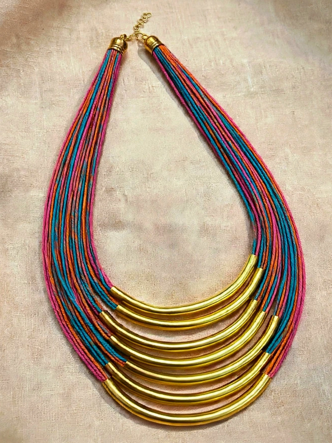 Gold-Plated Oxidised Statement Multi Thread Layered Jute Necklace