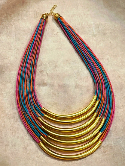 Gold-Plated Oxidised Statement Multi Thread Layered Jute Necklace