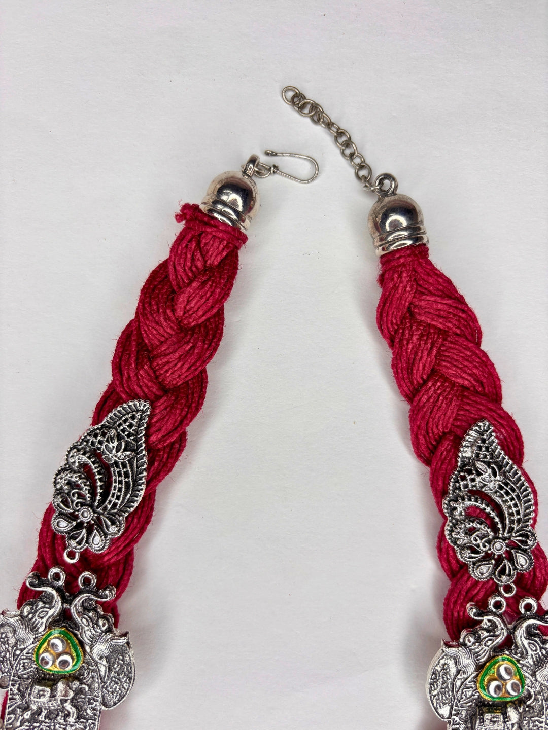 German Silver Floral Charm Statement Bohemian Meenakari Jute Necklace