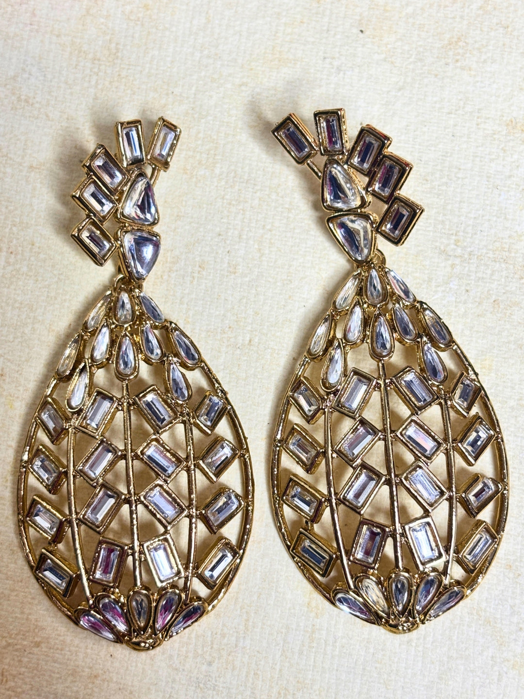 Gold-Plated Crystal Geometric Kundan-Style  Handcrafted Drop Chandbalis Earrings