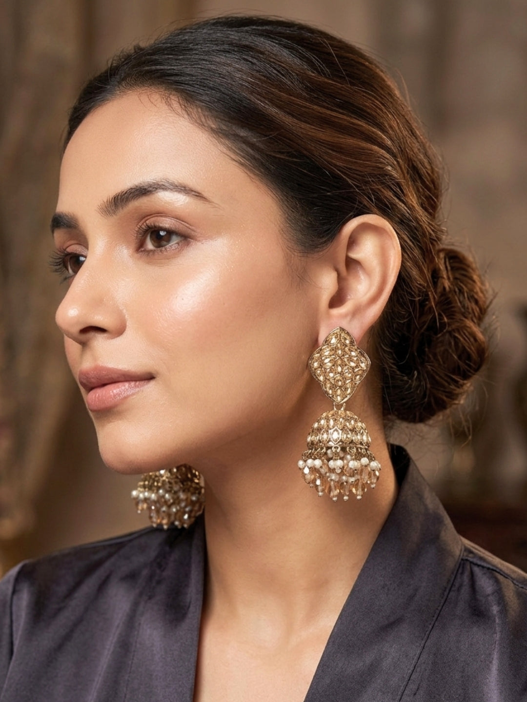Gold-Plated Crystal Bead  Kundan-Style Jhumka Earrings
