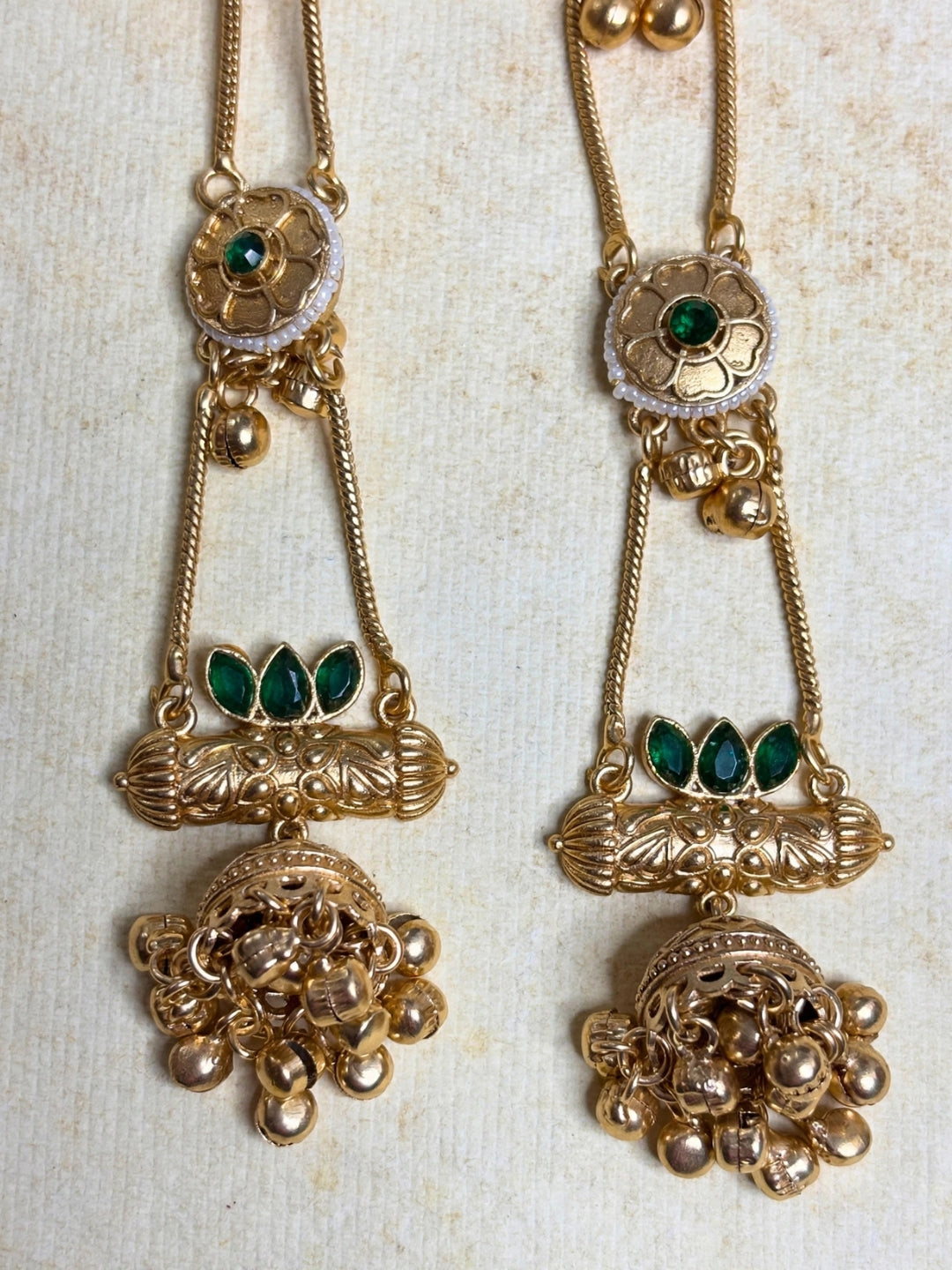 Gold-Plated Green Kundan Stone Studded Long Chain Kashmiri Jhumka Earrings