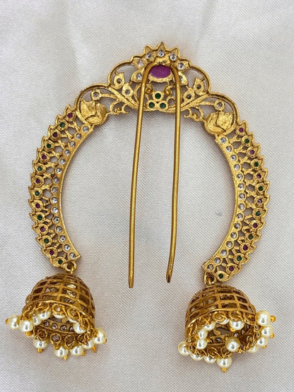 Gold-Plated Multicolour AD Stone Embellished Pearl Jhumka Juda Pin