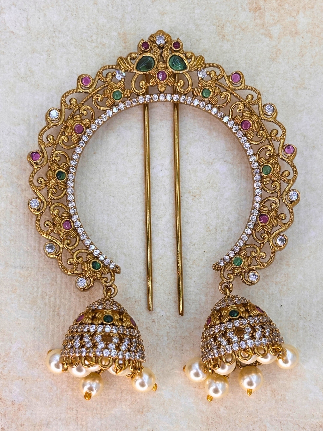 Gold-Plated Kundan and AD Pearl Embellished Traditional Hair Juda Pin