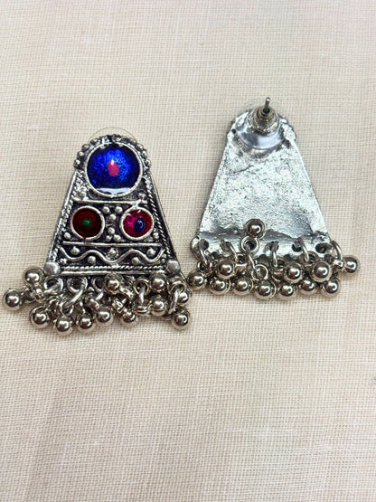 Oxidised Silver-Plated Multicolour Embellished Tribal Statement Choker Necklace Jewellery Set