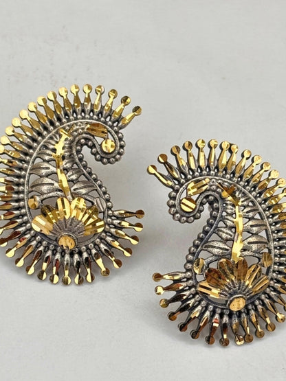 Oxidised Silver-Plated Peacock Design Gold-Toned Statement Stud Earrings