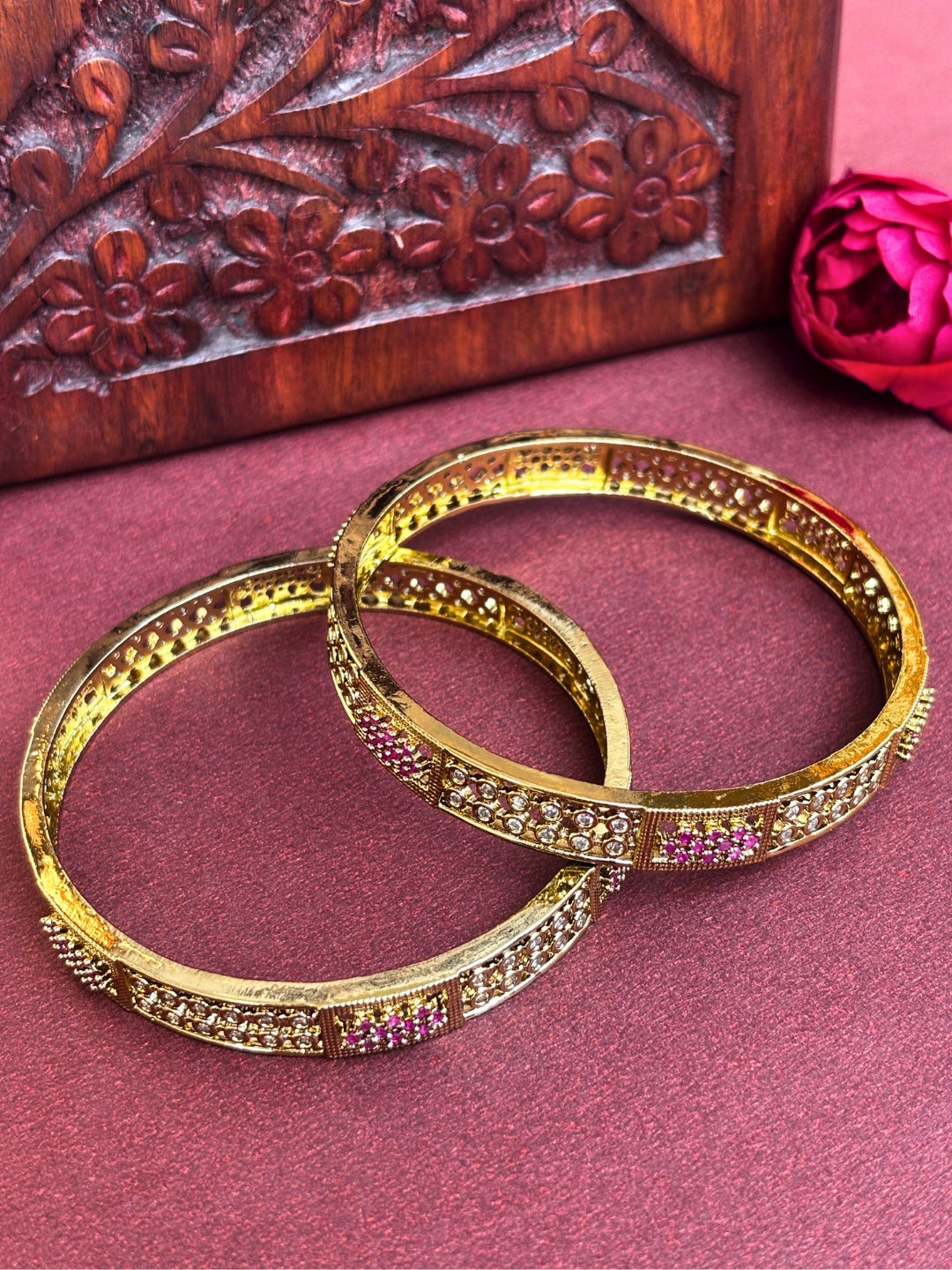Set of 2, Pink & White 22K Gold-Plated AD Stones Handcrafted Bangles