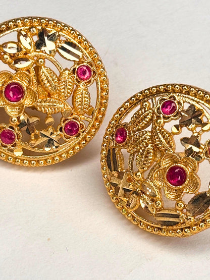 Gold-Plated Floral Pink Stone Embellished Round Stud Earrings
