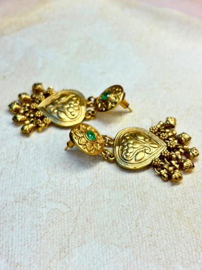 Gold-Plated Green Kundan Stone Floral Drop Statement Earrings