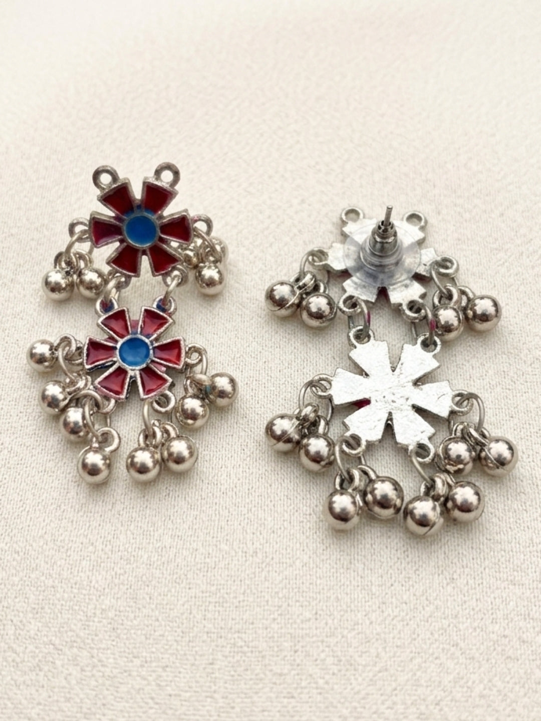 Women Oxidised Silver-Plated Red Floral Statement Necklace & Earrings Set