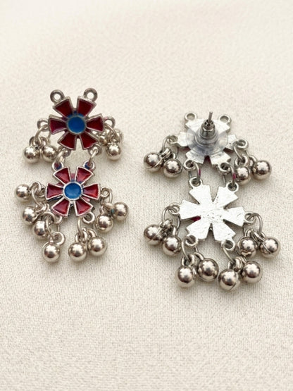 Women Oxidised Silver-Plated Red Floral Statement Necklace & Earrings Set