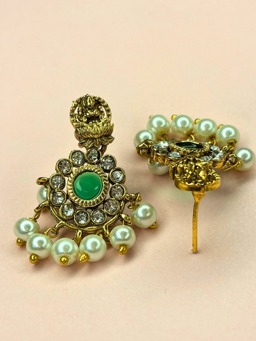 Gold-Plated Green Stone and kundan Studded Lakshmi Temple Necklace Jewellery Set