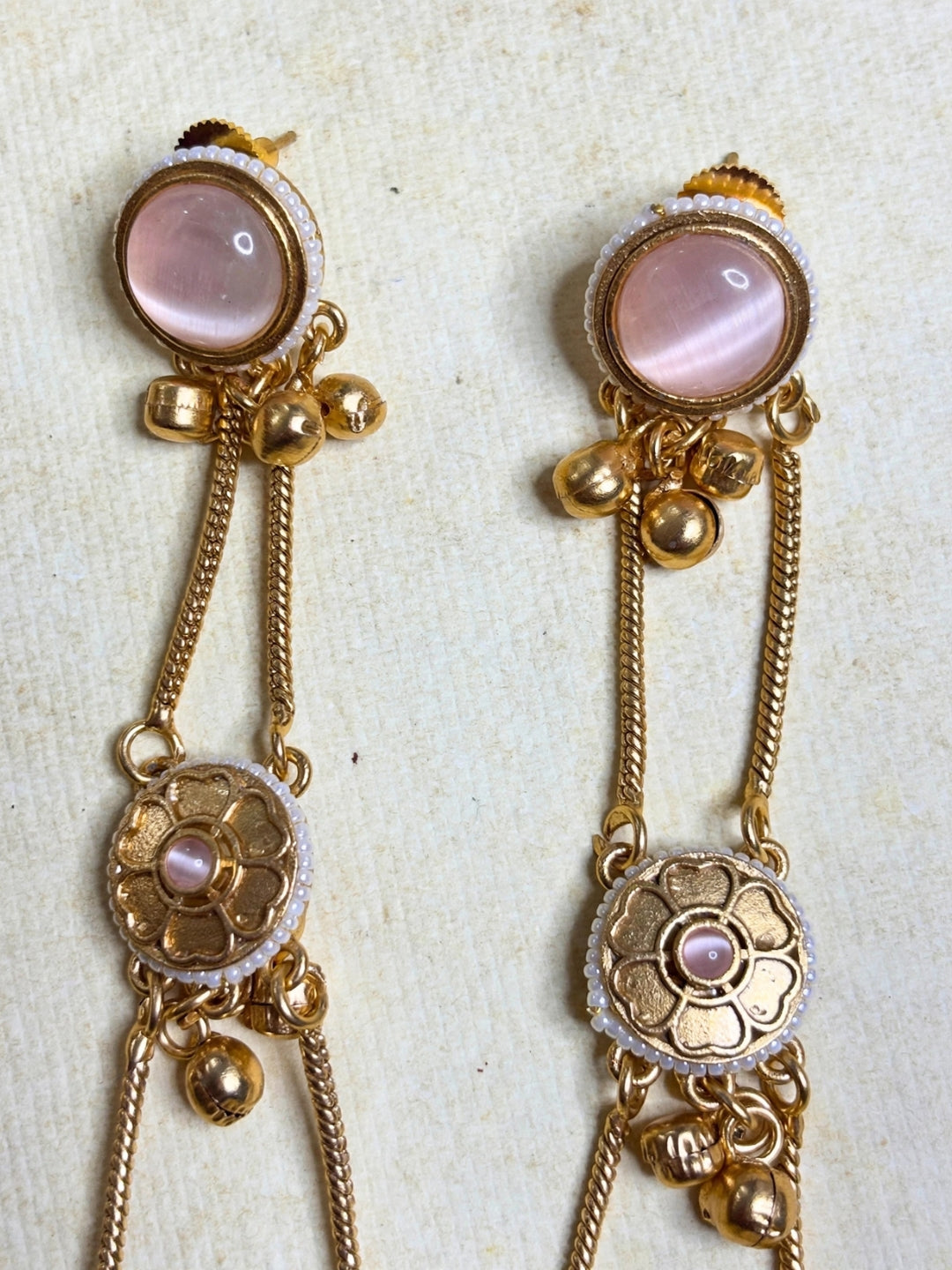 Gold-Plated Pink Kundan Stone Studded Long Chain Kashmiri Jhumka Earrings