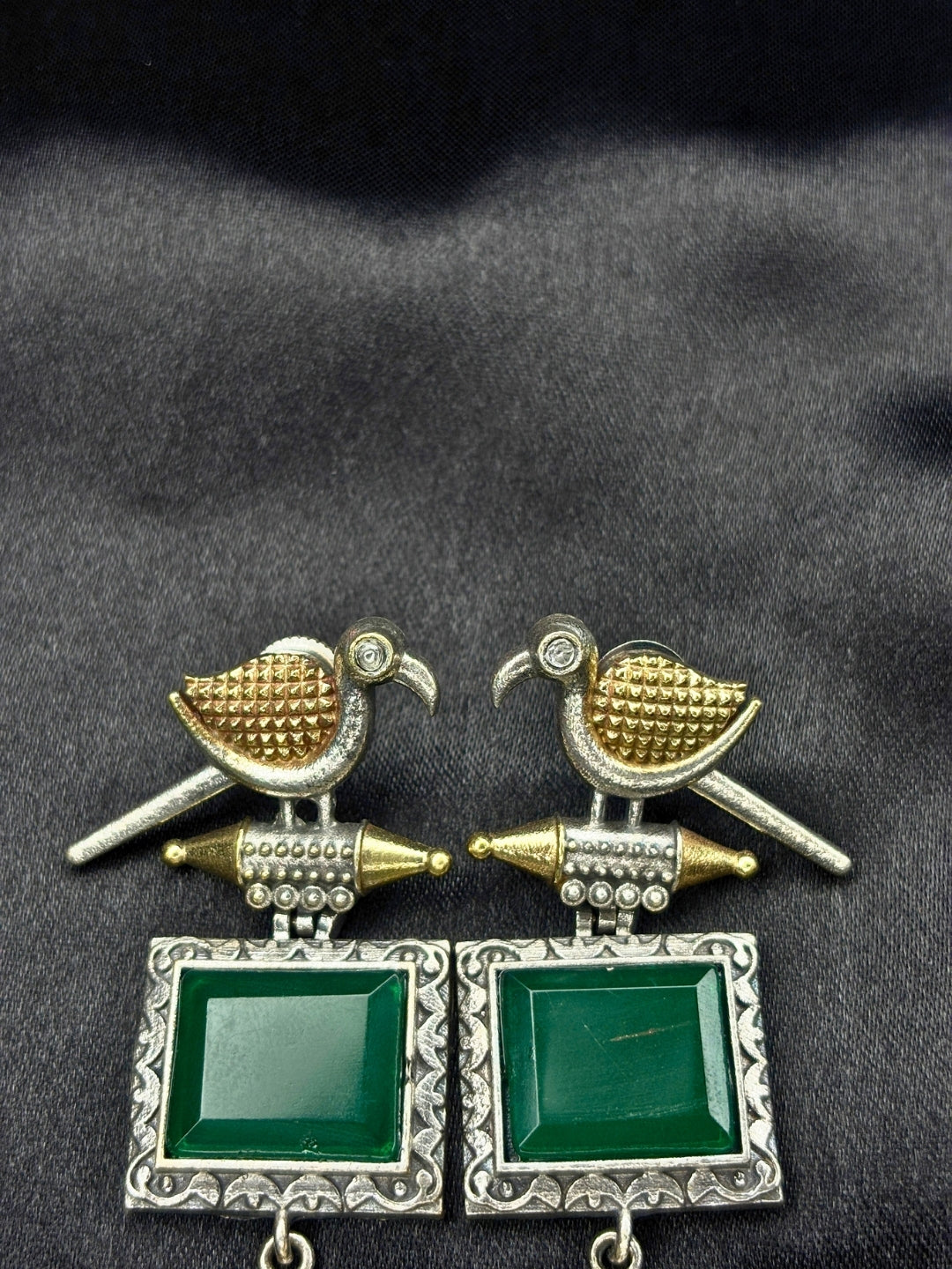 Silver & Gold Dual-Plated Oxidised Long Green Stone Contemporary Bird Jhumkas Earrings