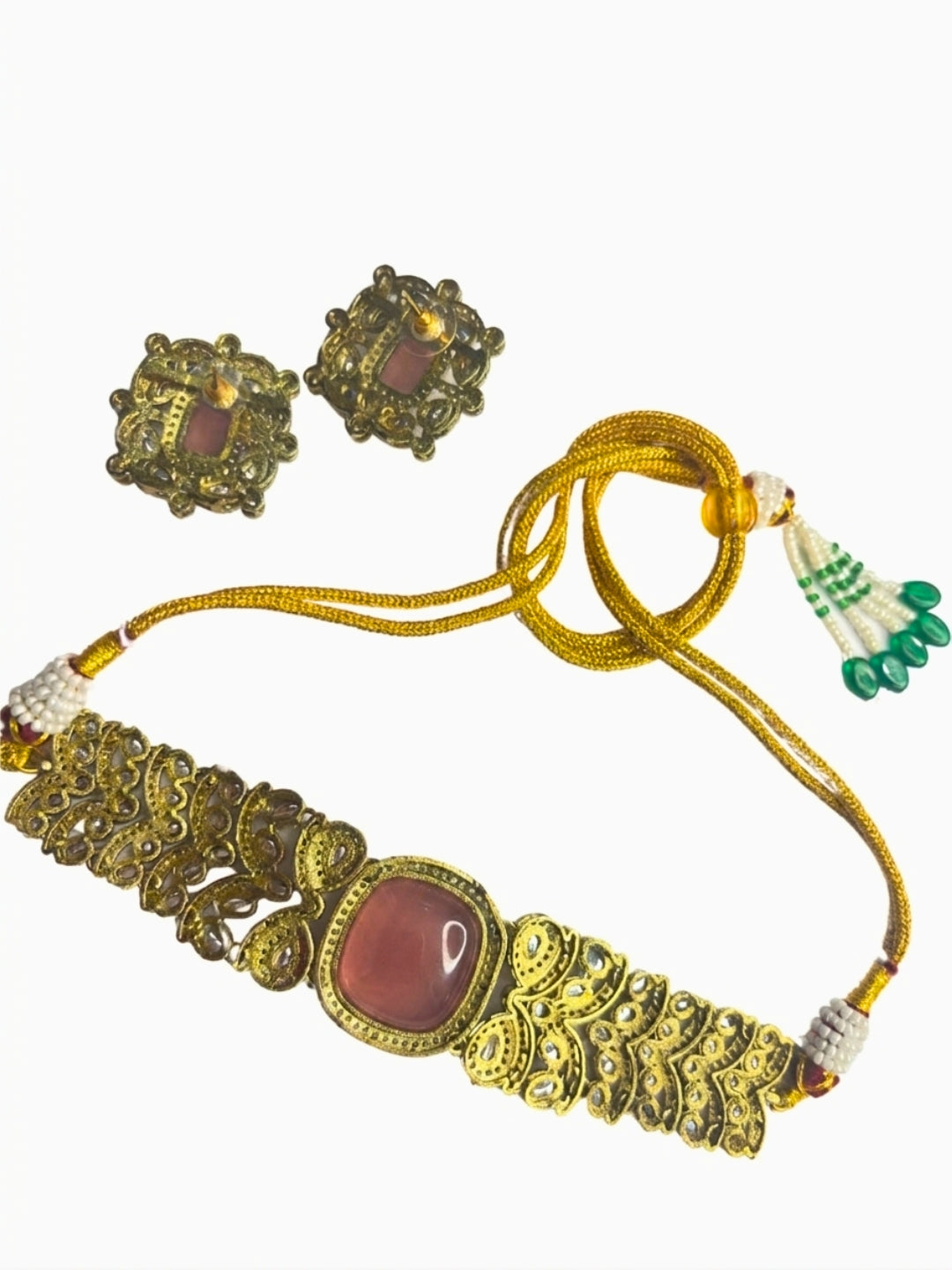 VIVAZS pink Kundan-Studded Cubic Zirconia Golden Necklace Set