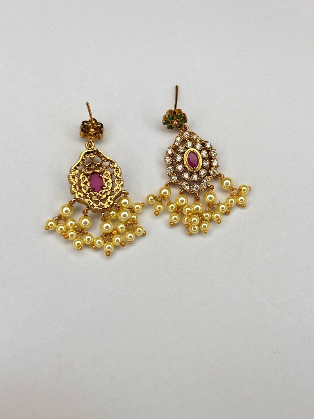Gold-Plated Ruby, Emerald & Cubic Zirconia Studded Choker Set with Pearl Beads