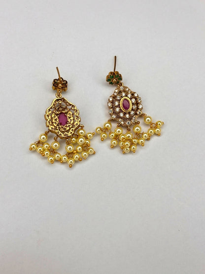 Gold-Plated Ruby, Emerald & Cubic Zirconia Studded Choker Set with Pearl Beads