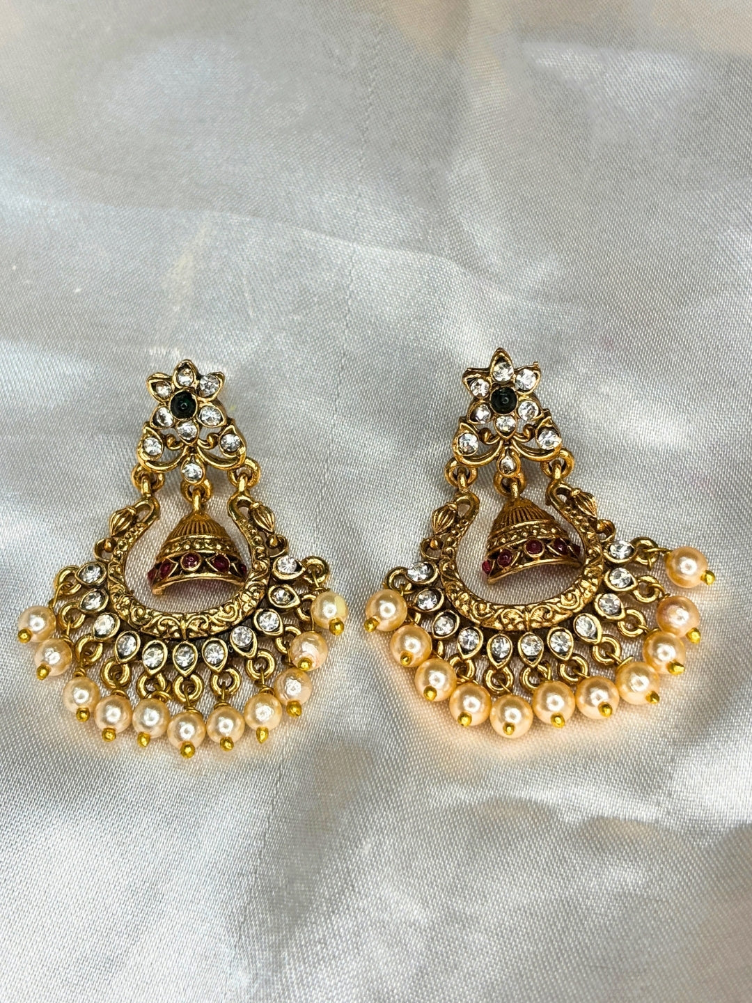 Gold-Plated Kundan Stone-Studded Peacock & Jhumka Pendant Necklace Jewellery Set