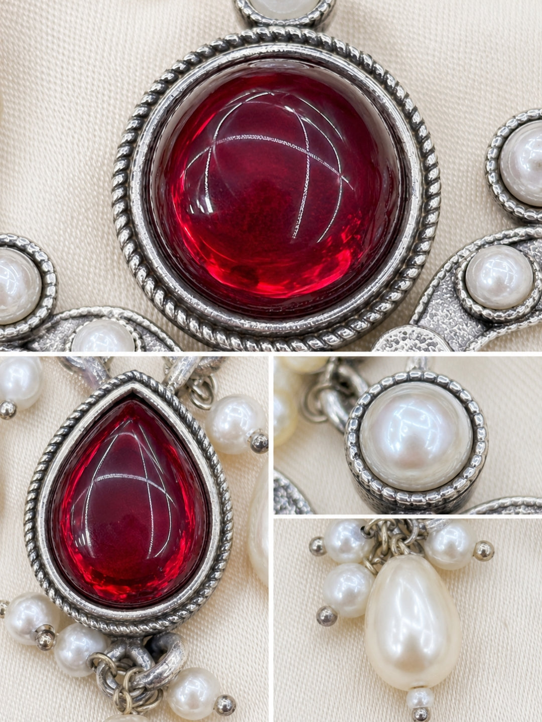 Ruby Red Stone & Pearl Embellished Oxidised Chandbali Statement Earrings
