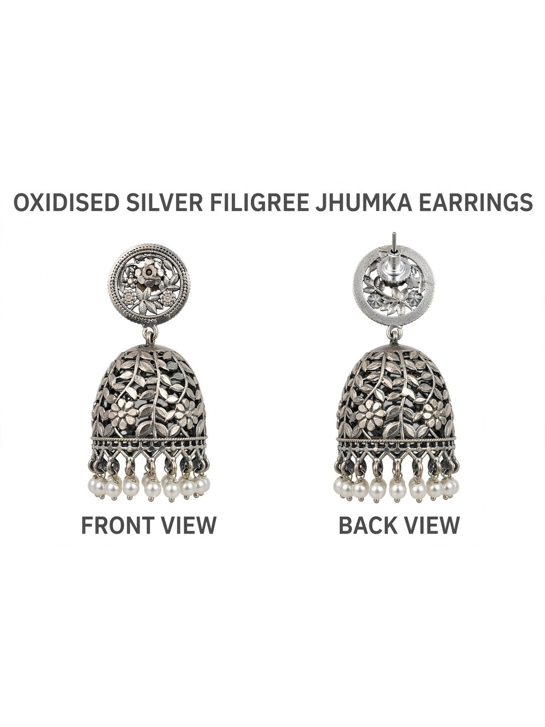 Oxidised Silver-Plated Floral Leaf Design Pearl Drop Dome Jhumka Earrings