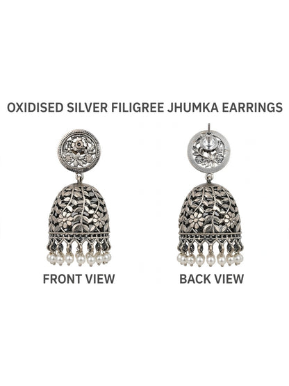 Oxidised Silver-Plated Floral Leaf Design Pearl Drop Dome Jhumka Earrings