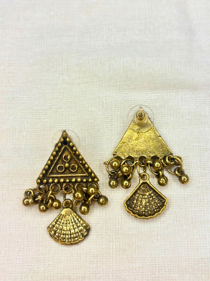 Gold Plated Antique Layered Shell Charm Long Necklace Jewellery Set