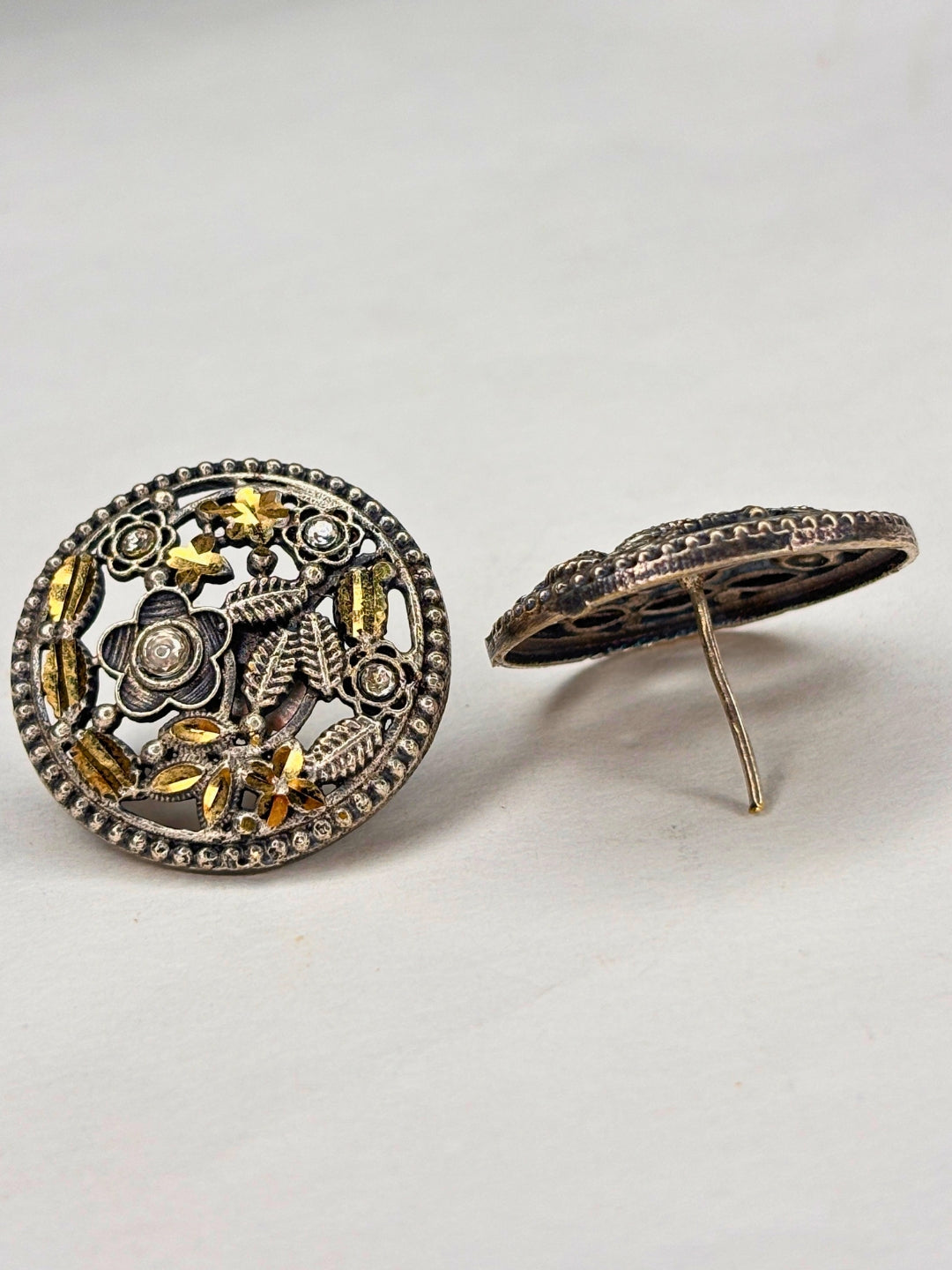 Oxidised Silver-Plated Floral Leaf & Stone Embellished Round Stud Earrings