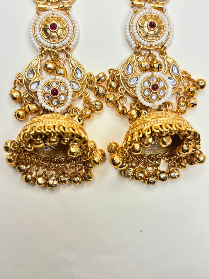 Gold-Toned Kundan & Pink Stone Embellished Pearl Jhumka Drop Earrings