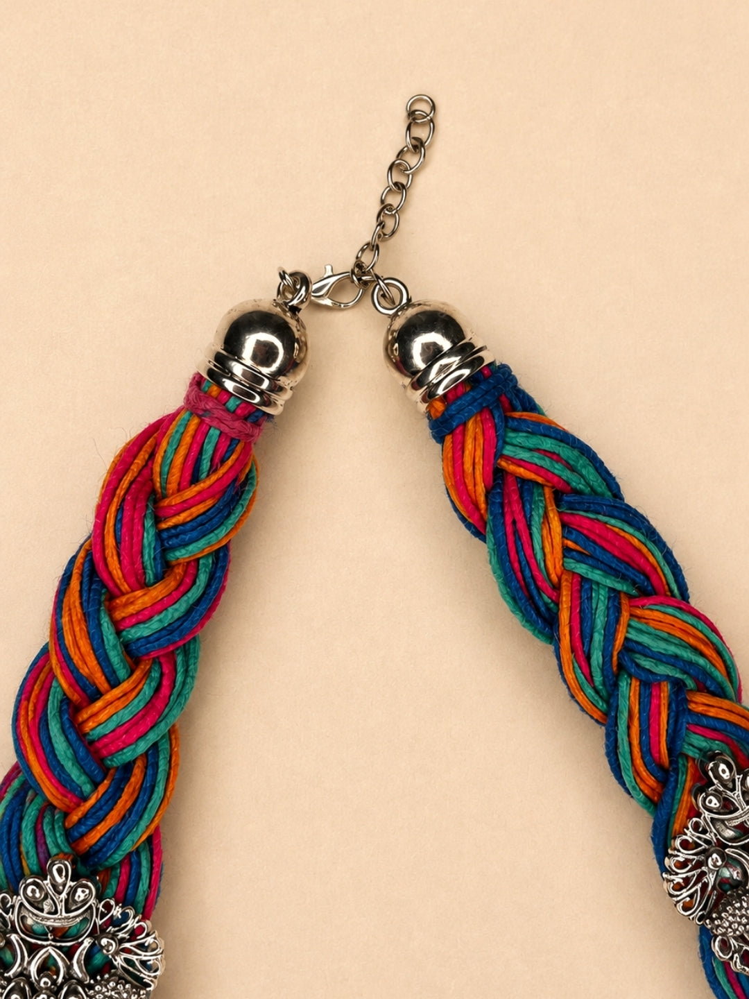 German Silver Floral & Peacock Charm Statement Bohemian Meenakari Multi Jute Necklace
