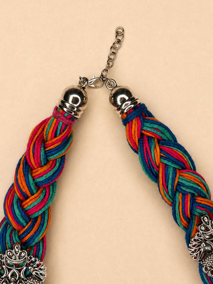 German Silver Floral & Peacock Charm Statement Bohemian Meenakari Multi Jute Necklace