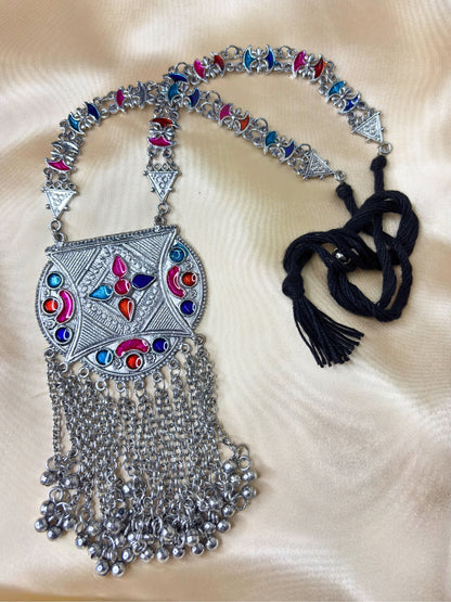 Women Oxidised Silver-Plated Multicolour Stone Studded Long Pendant Necklace Jewellery Set
