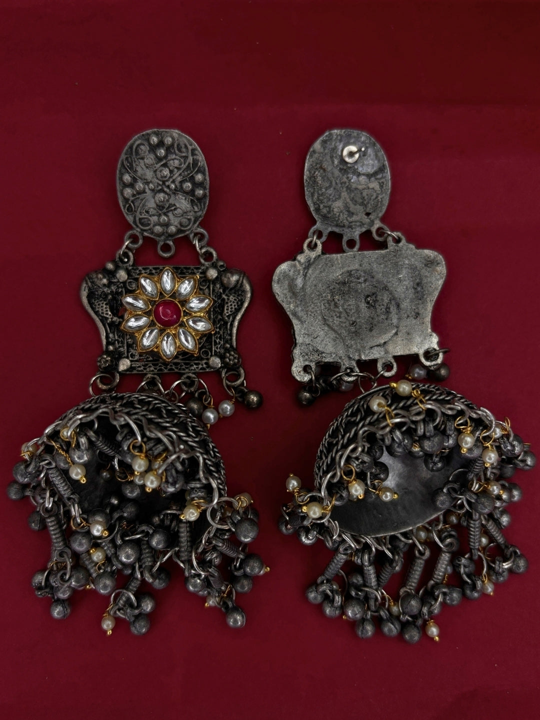 Oxidised Silver-Plated Floral Kundan Stone Studded Jhumka Earrings