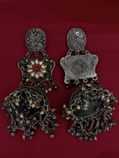 Oxidised Silver-Plated Floral Kundan Stone Studded Jhumka Earrings