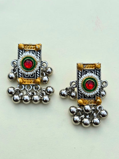 Women Oxidised Silver-Plated Long Pendant Necklace & Earrings Set